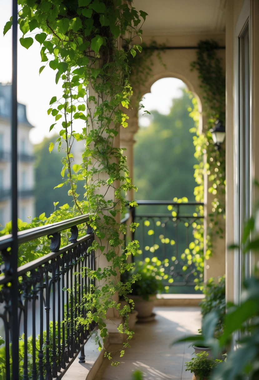 A Juliet balcony decorated with green climbing vine plants growing on wrought iron railings in natural daylight.