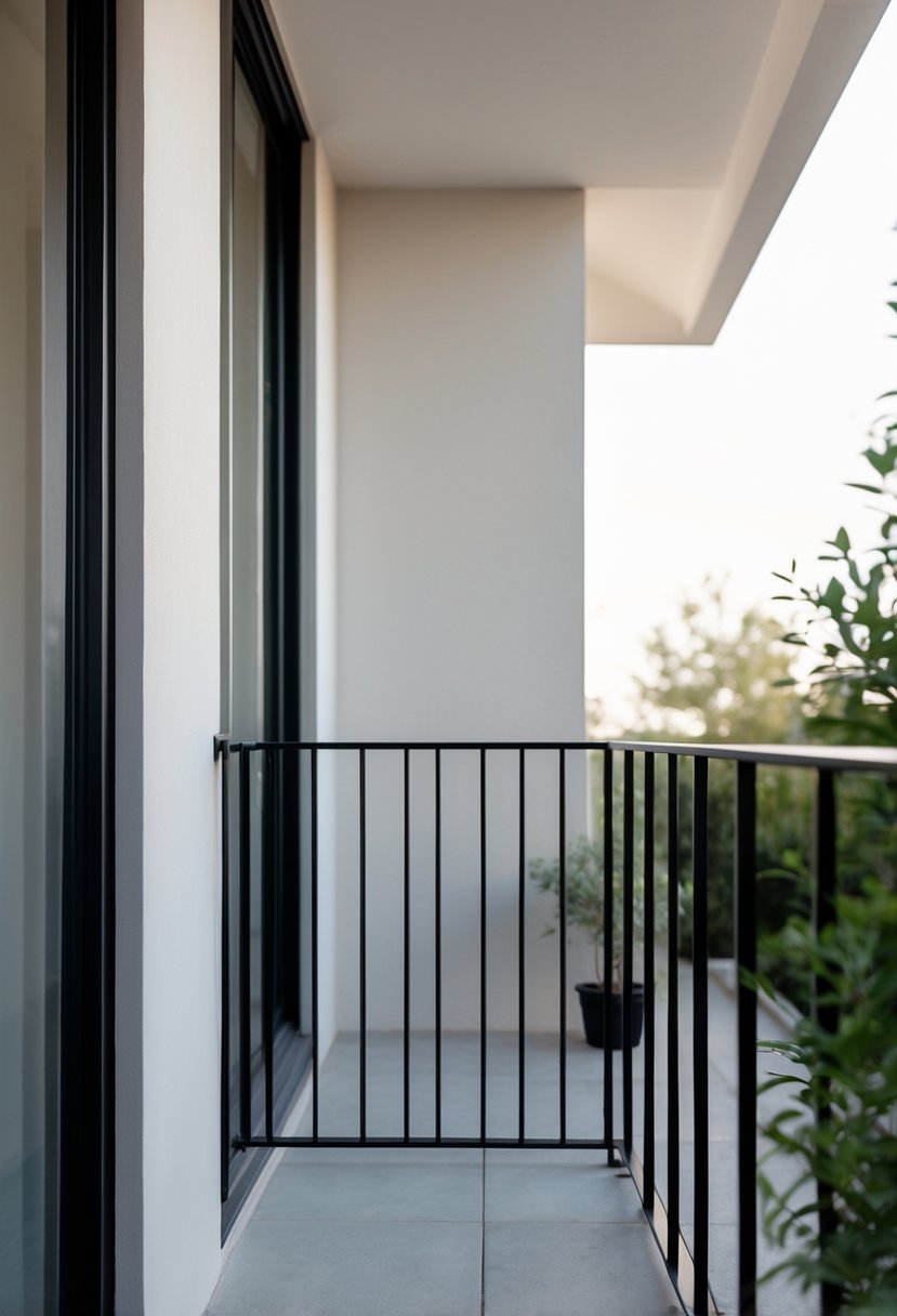 A black steel railing on a Juliet balcony attached to a modern building with light-colored walls and some greenery nearby.