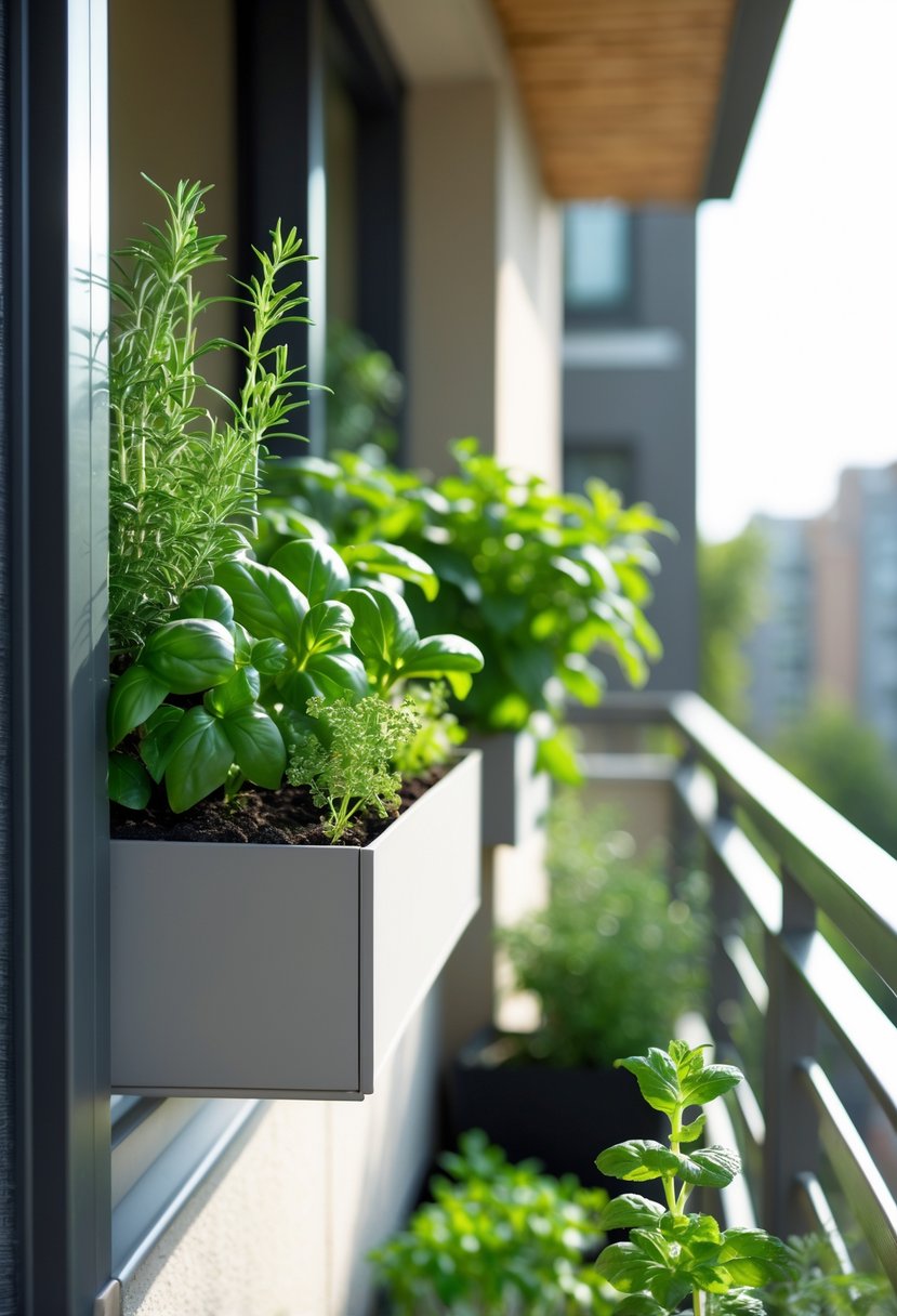 A balcony railing with built-in planter boxes filled with fresh green herbs in a sunny outdoor setting.