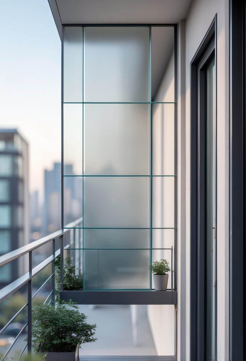 A modern Juliet balcony with frosted glass panels for privacy on an apartment building, featuring metal railings and potted plants.