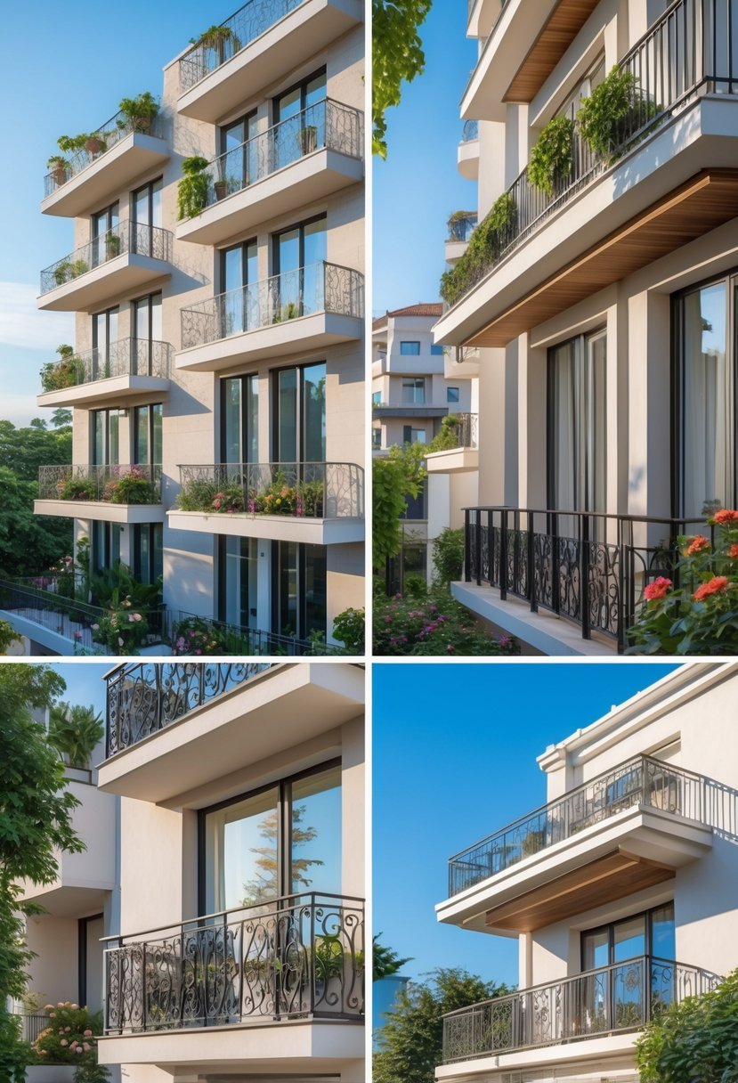 Multiple elegant Juliet balconies on modern buildings with plants and flowers under a clear blue sky.