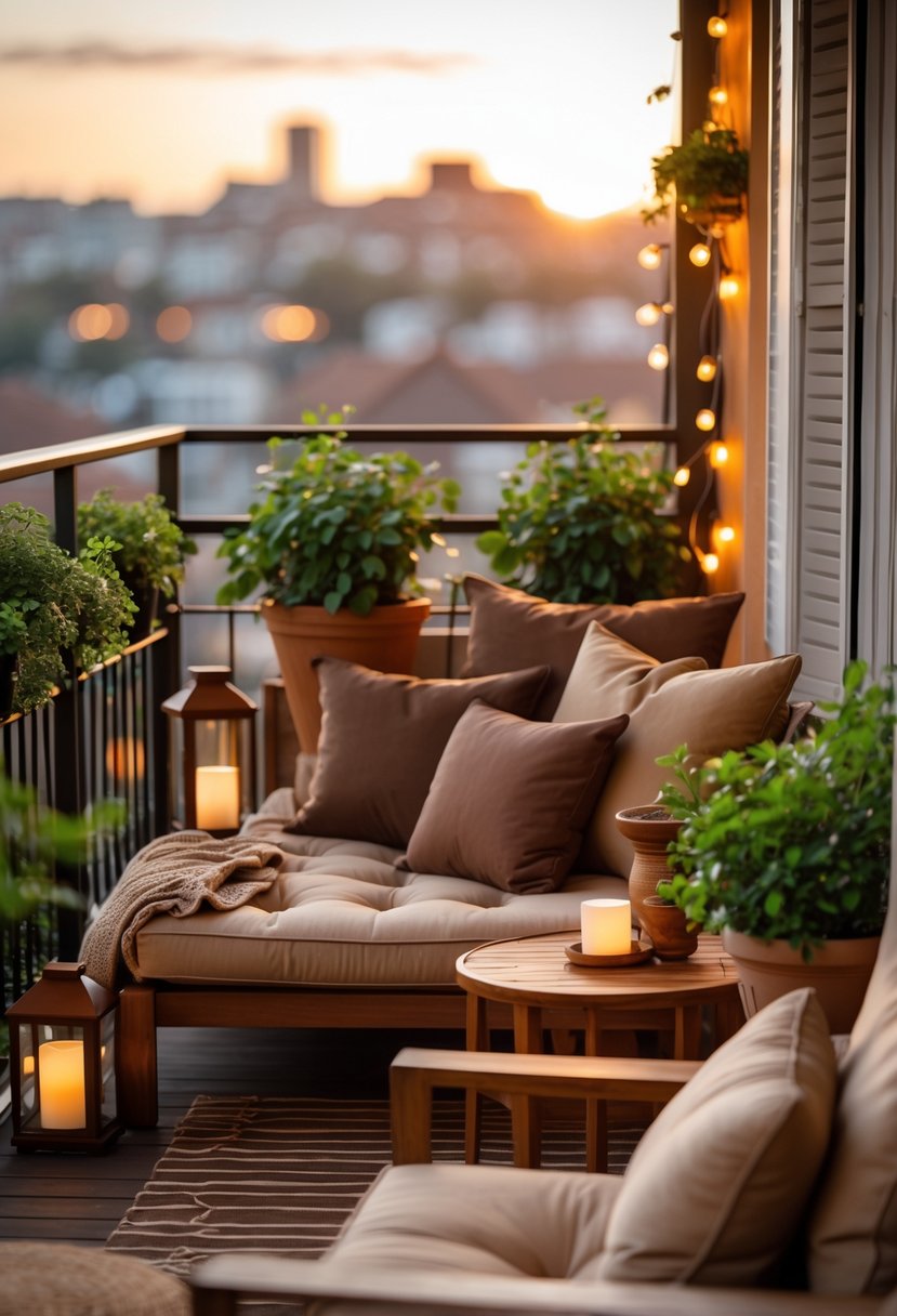A balcony with warm brown furniture, cushions, plants, and soft lighting creating a cozy outdoor space.