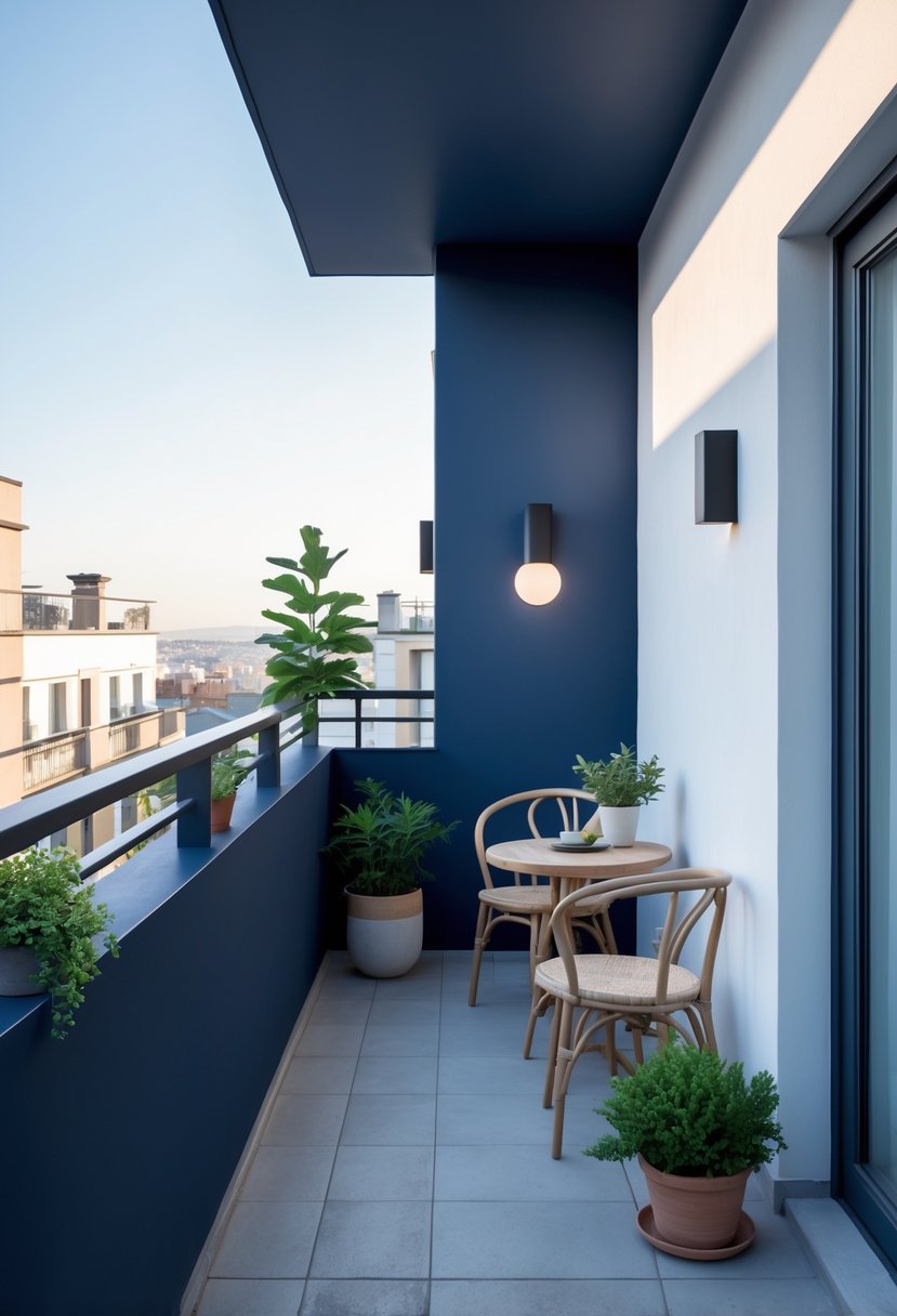 A residential balcony with two-tone paint in navy blue and white, decorated with plants and outdoor furniture.