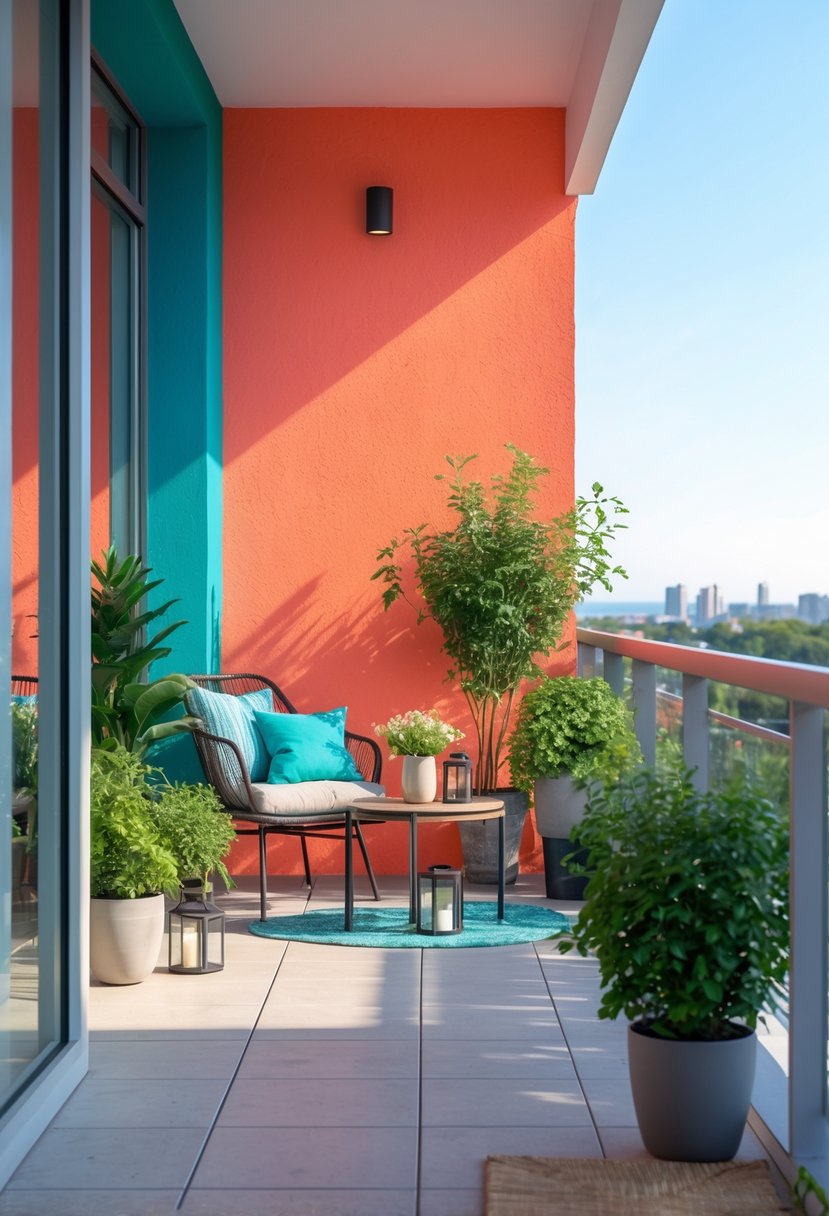 A balcony with a brightly colored accent wall, comfortable seating, and potted plants under natural sunlight.