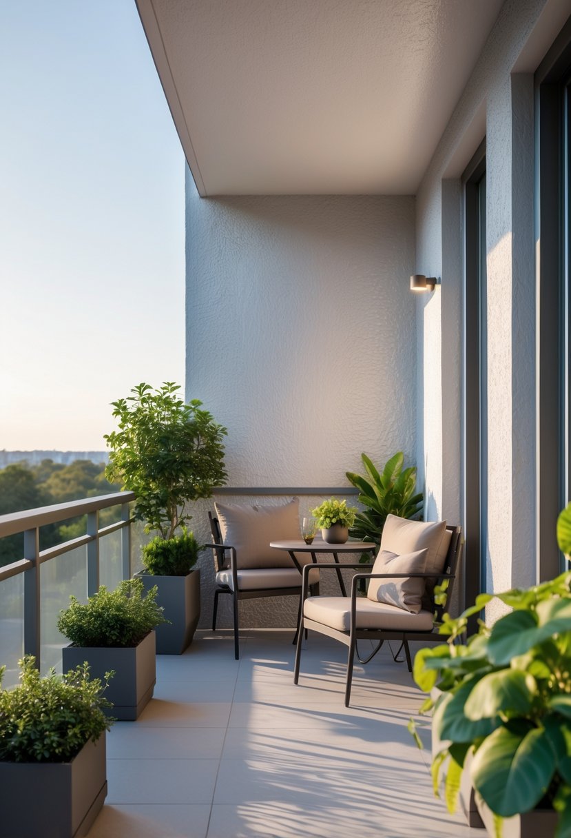 A balcony with textured painted walls, outdoor furniture, and potted plants under natural daylight.
