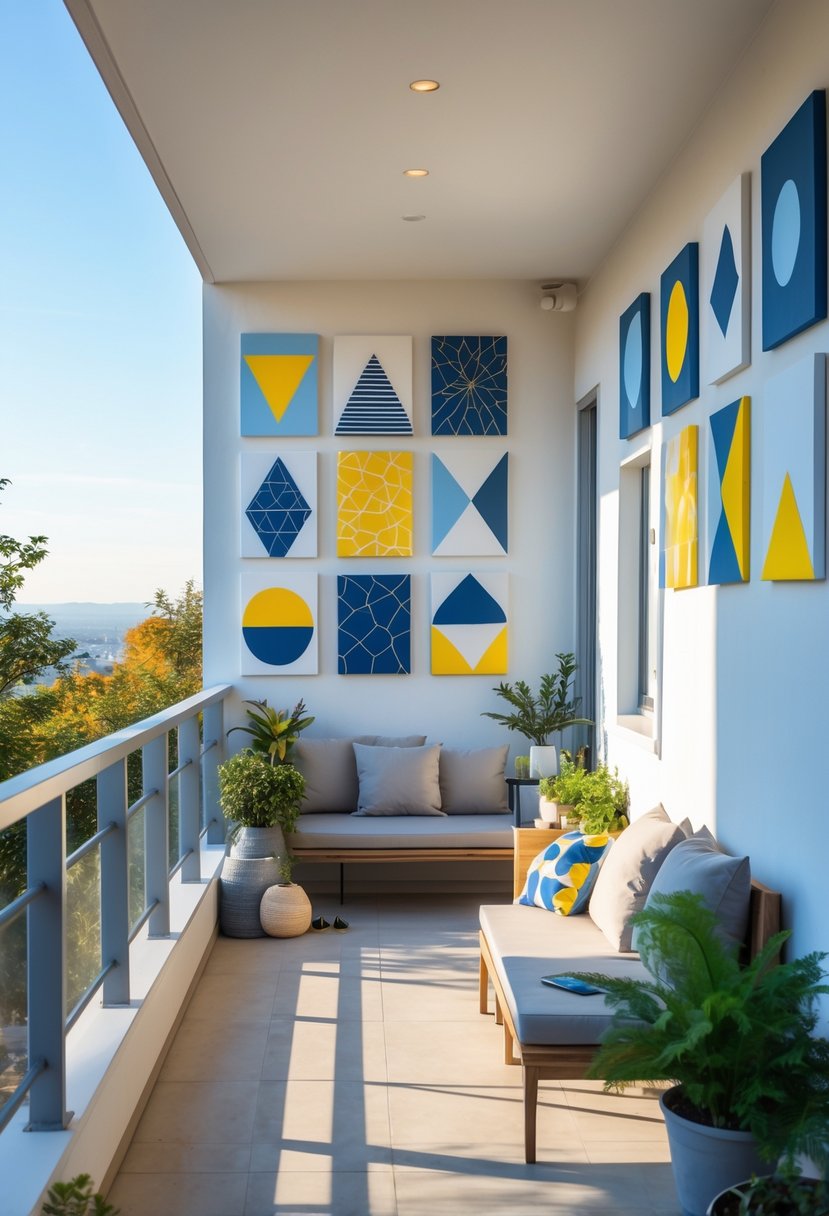 A balcony with thirteen colorful geometric paintings on the walls, featuring outdoor furniture and plants in natural light.