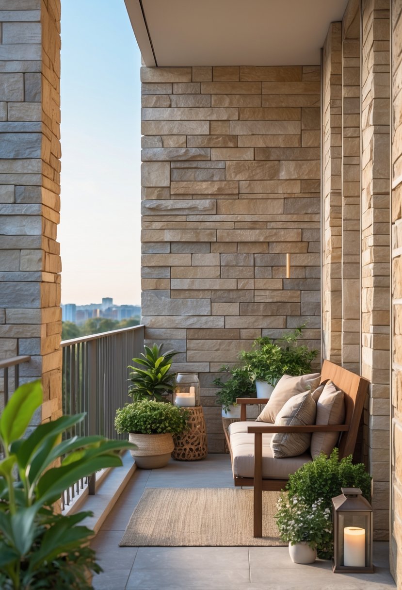 A balcony with natural stone textured walls, outdoor furniture, and potted plants under natural daylight.