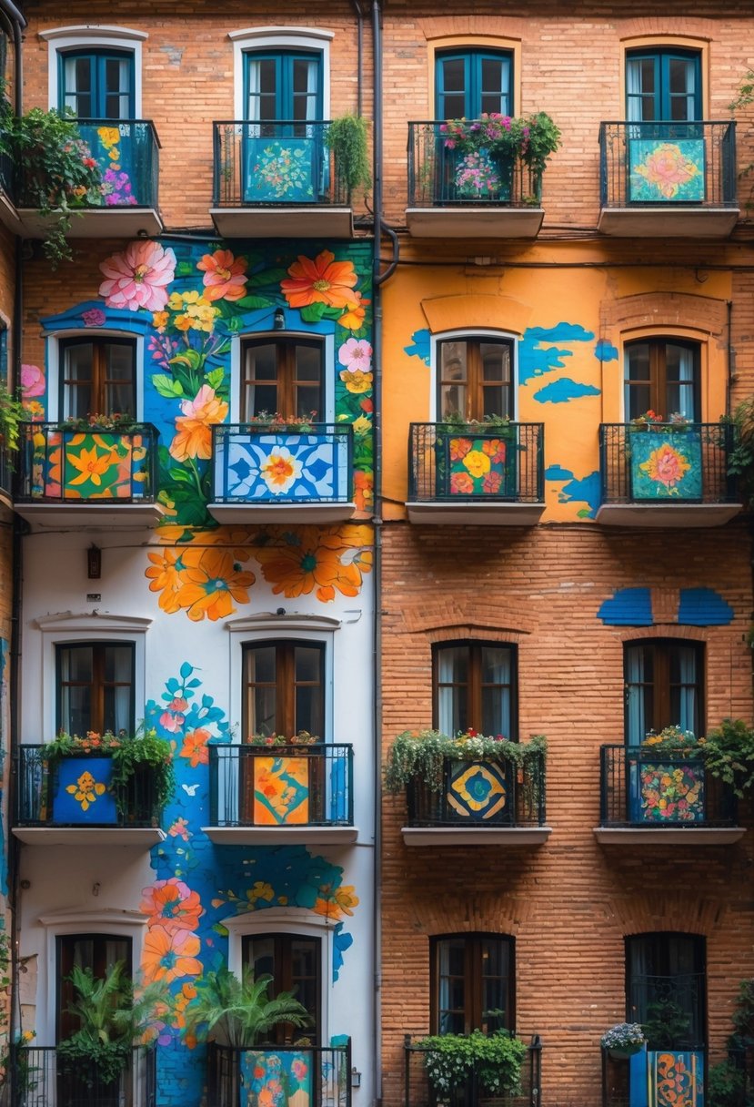 A brick wall with thirteen balconies, each decorated with colorful paintings and plants.