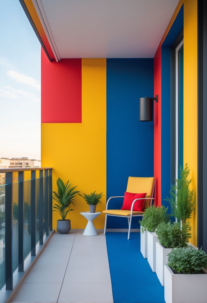 A balcony with walls painted in large sections of bright, bold colors, furnished with a chair, table, and potted plants under natural daylight.