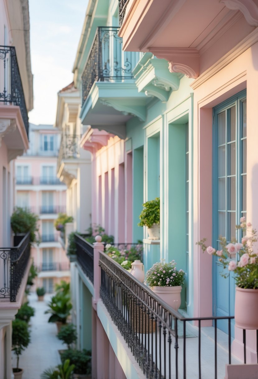 A collection of balconies painted in soft pastel colors with various decorative elements and plants.