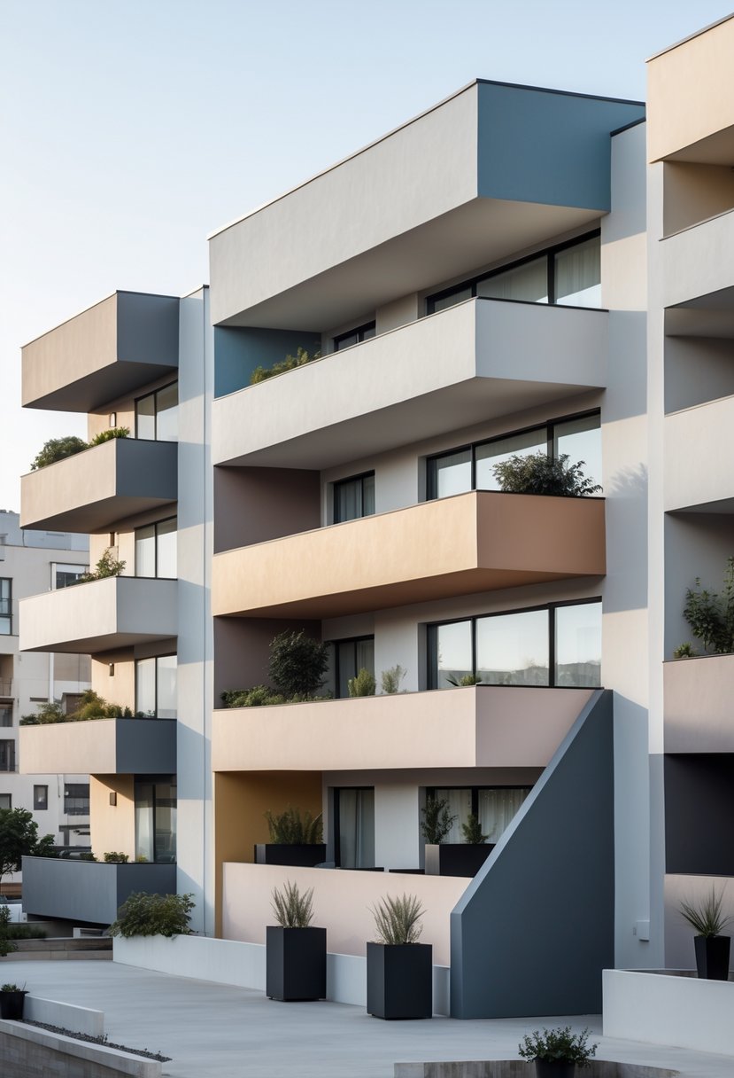 Apartment building with thirteen balconies painted in different matte colors, viewed during the daytime.