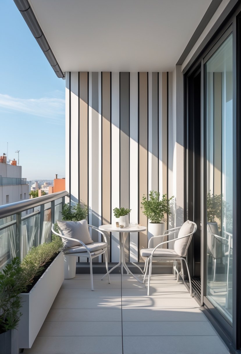 A modern balcony with vertical striped wall painting, outdoor furniture, and potted plants under natural daylight.