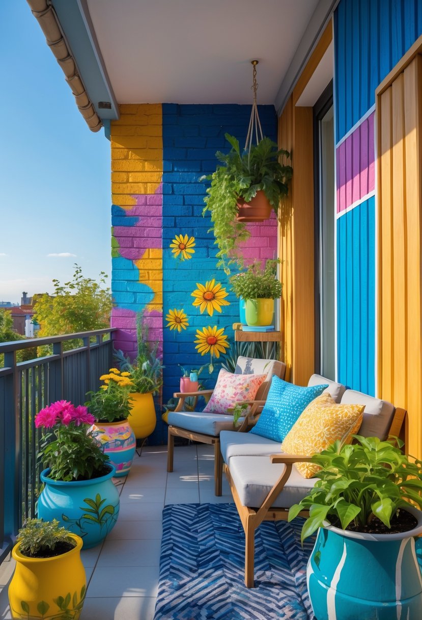 A balcony decorated with colorful painted walls, flower pots, and wooden panels with outdoor furniture and plants.
