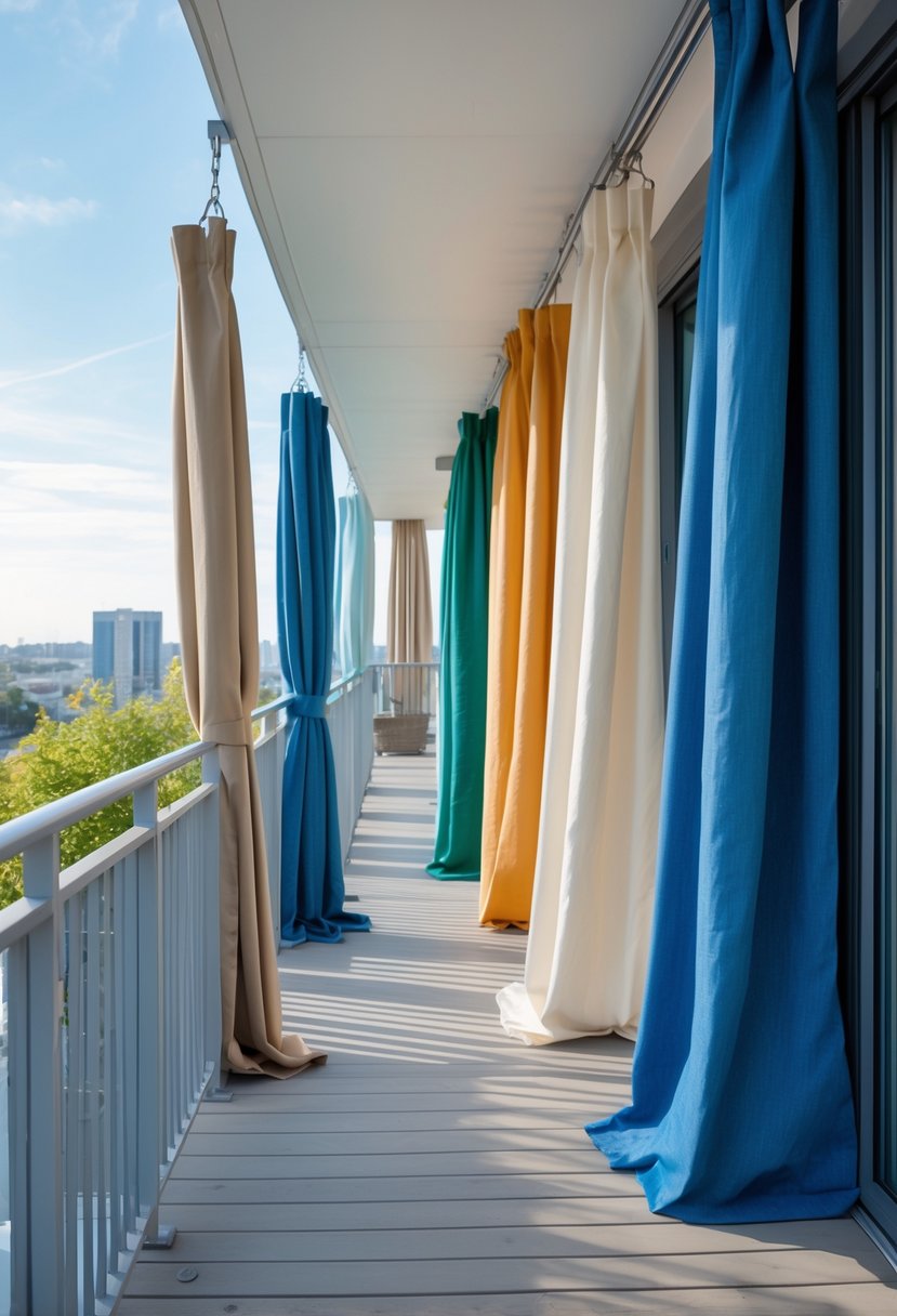 Outdoor balcony with fifteen different weather-resistant curtains hanging along the railing in daylight.