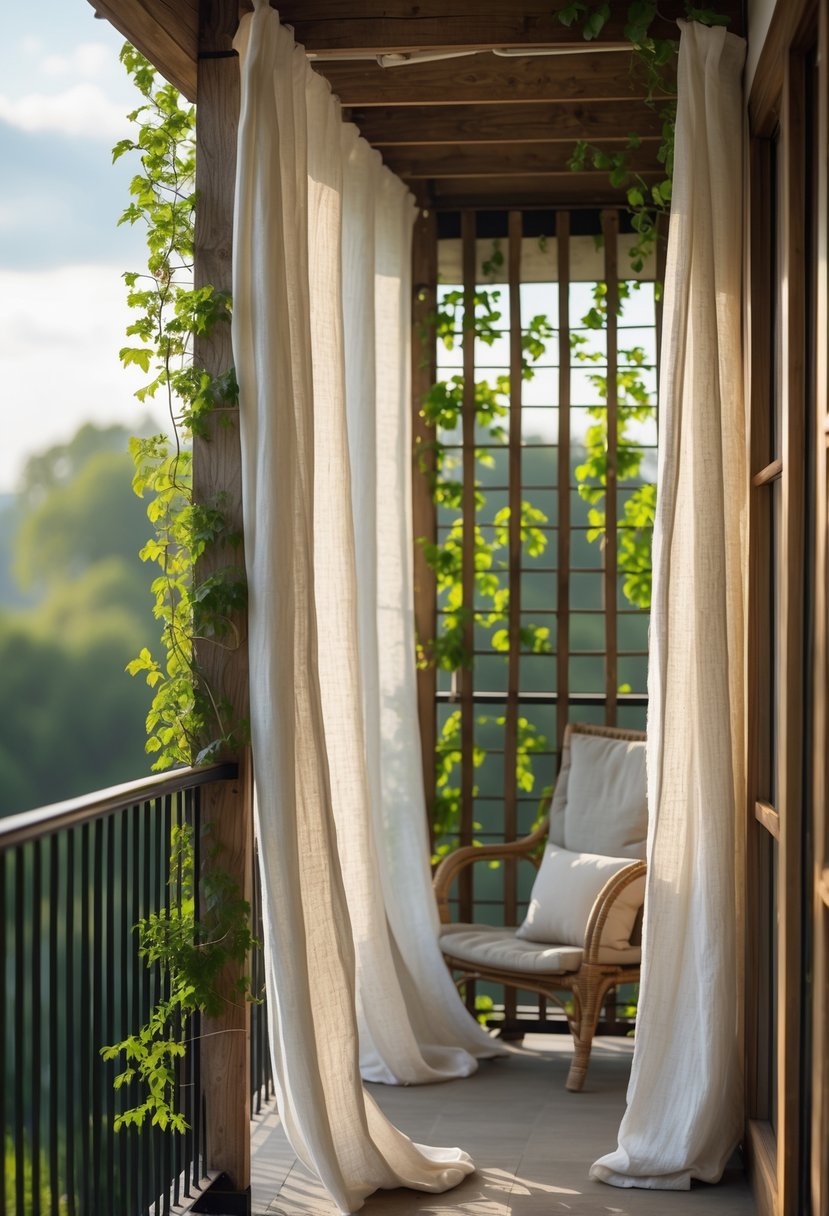 A balcony with light linen curtains and a wooden trellis with climbing plants, bathed in soft natural light.
