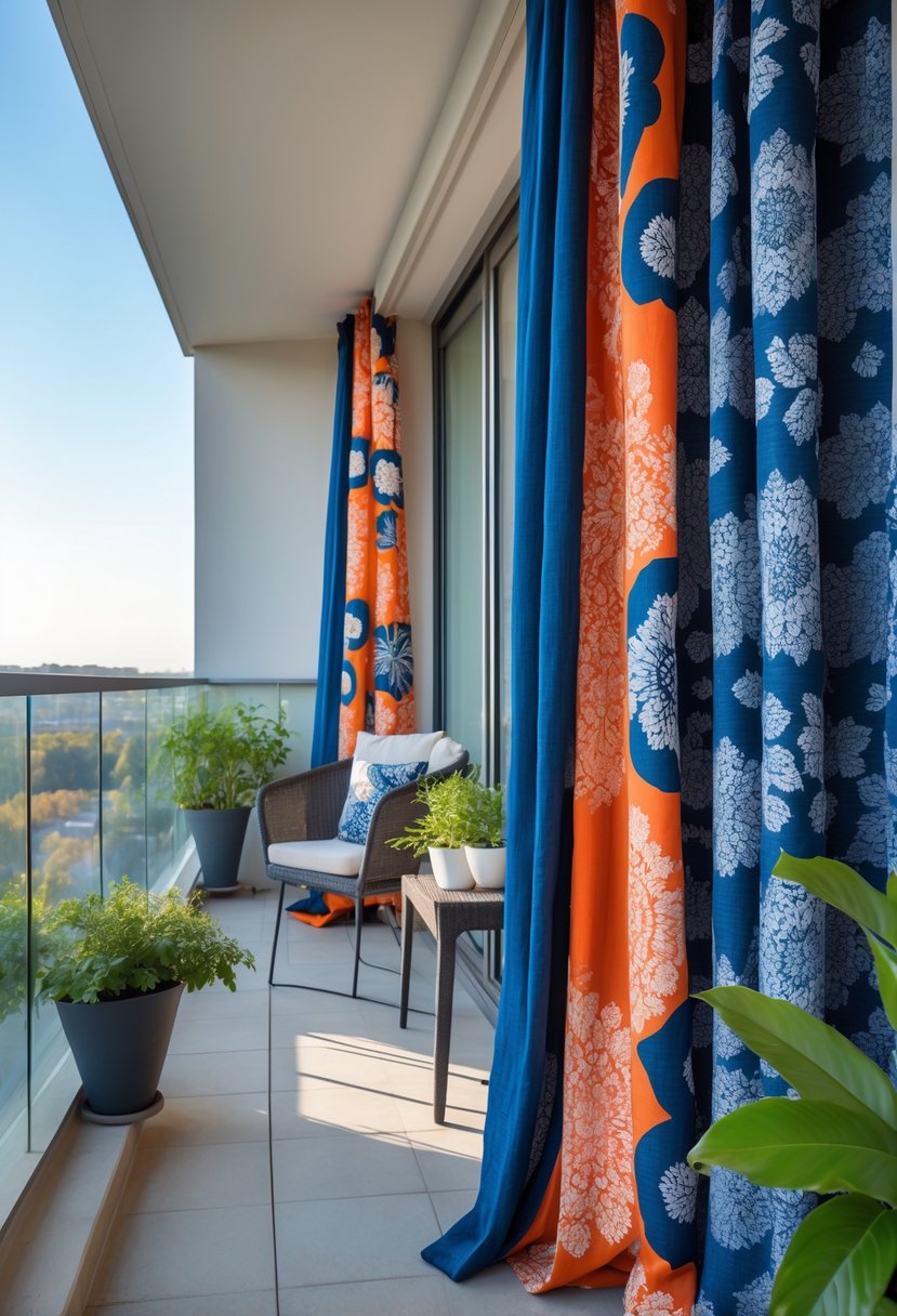 A balcony with bold patterned curtains, outdoor furniture, and potted plants under natural light.