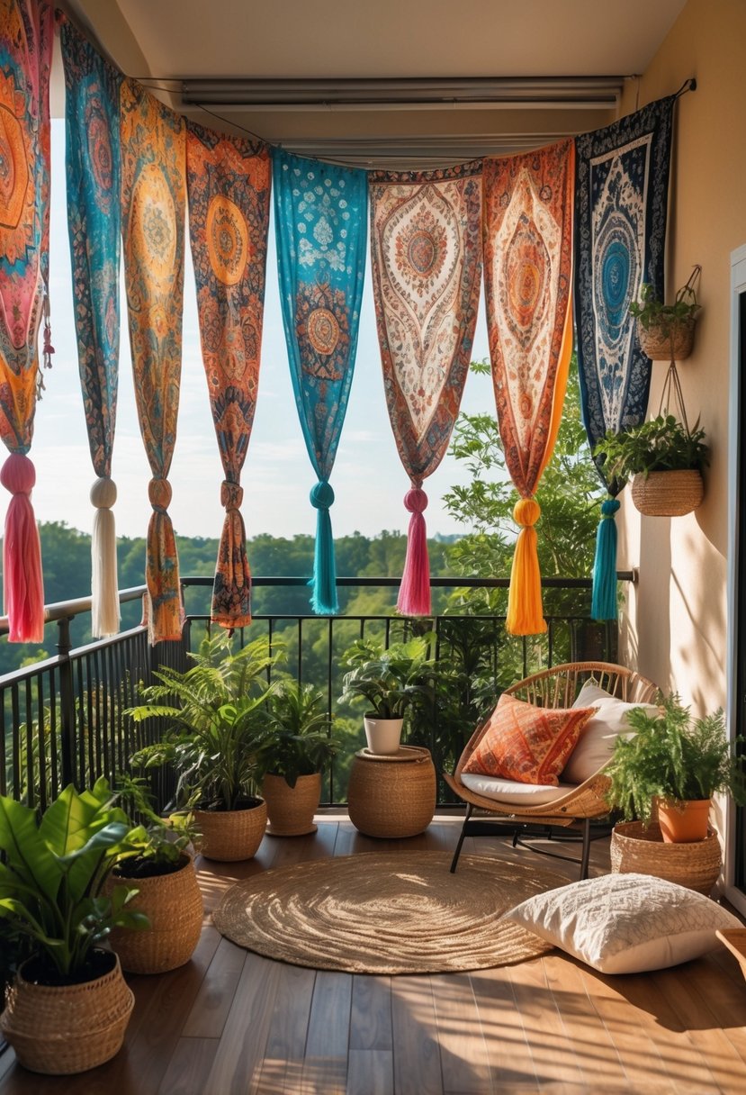 A balcony with colorful tapestry curtains hanging, surrounded by plants and cushions, overlooking a green outdoor area.