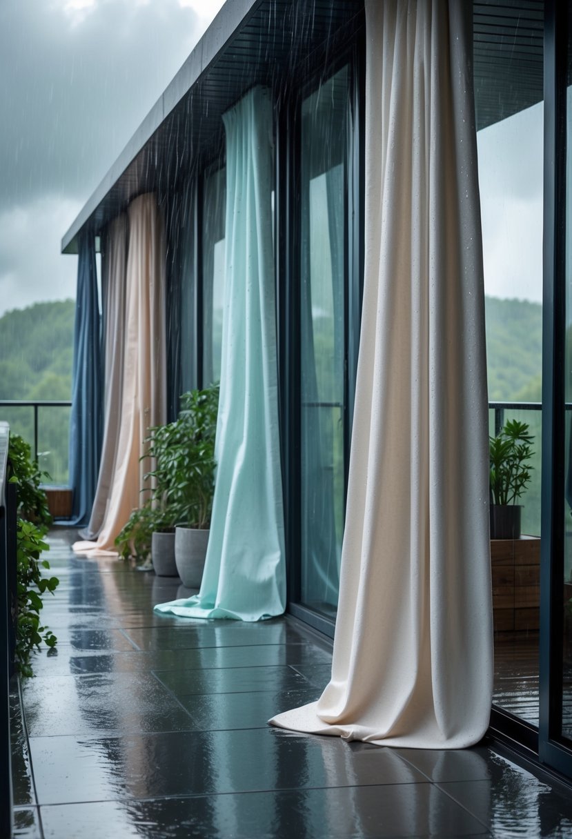 Several balconies with different waterproof polyester curtains hanging on a rainy day, showing wet floors and cloudy skies.
