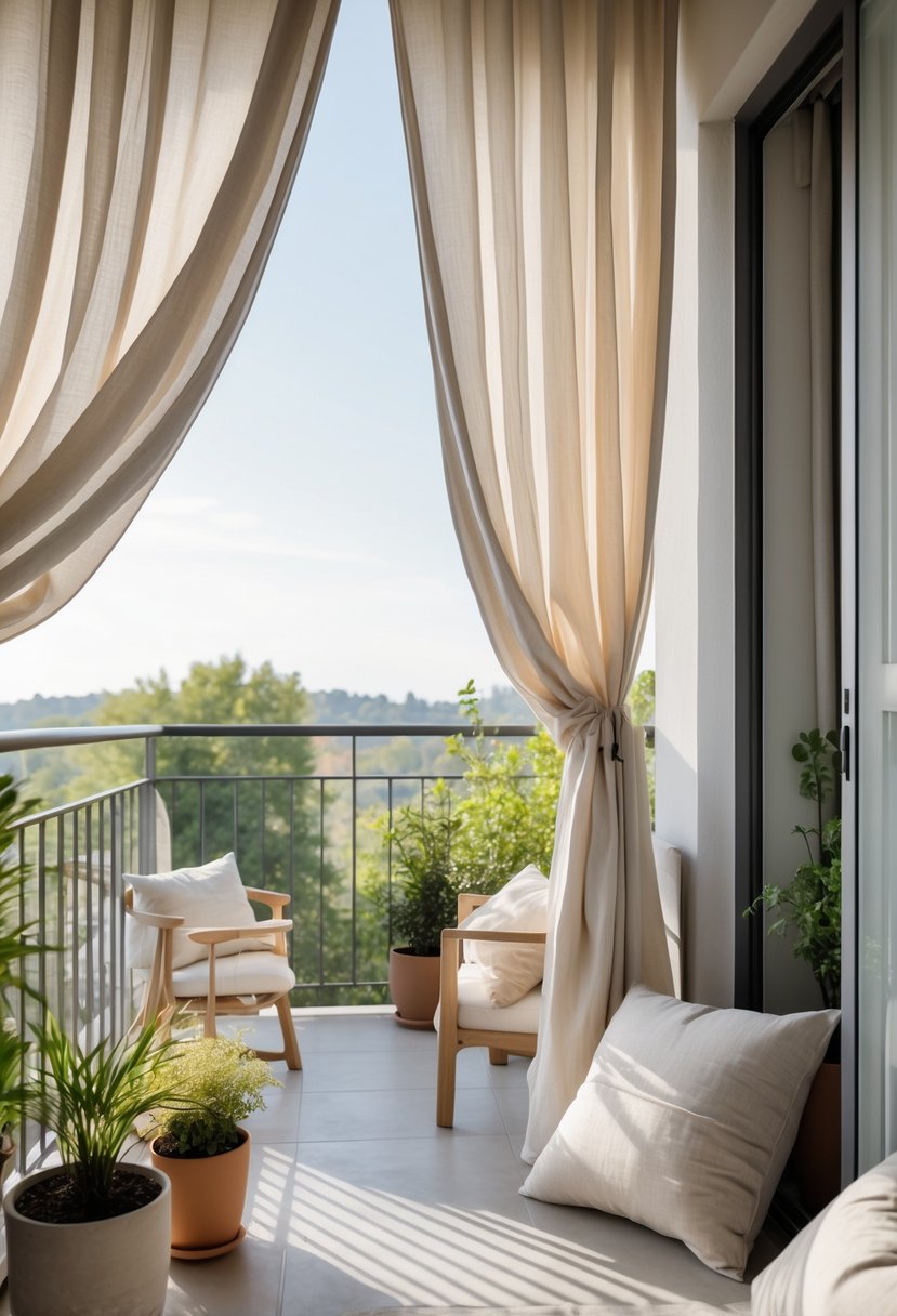 A balcony with neutral-colored curtains, plants, and wooden furniture under natural sunlight.
