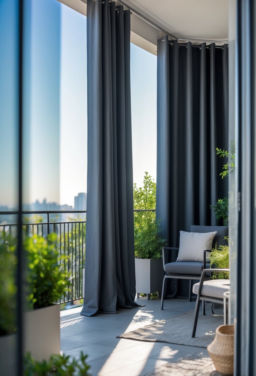 A balcony with blackout curtains partially drawn, sunlight filtering through, and outdoor seating with plants.