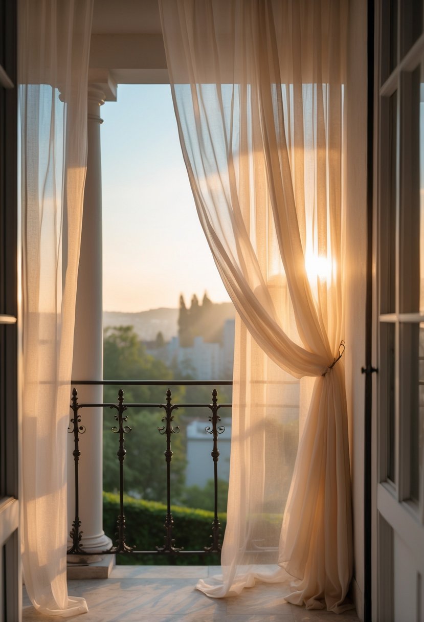 A balcony with sheer white curtains flowing gently in the breeze, overlooking a garden or cityscape.