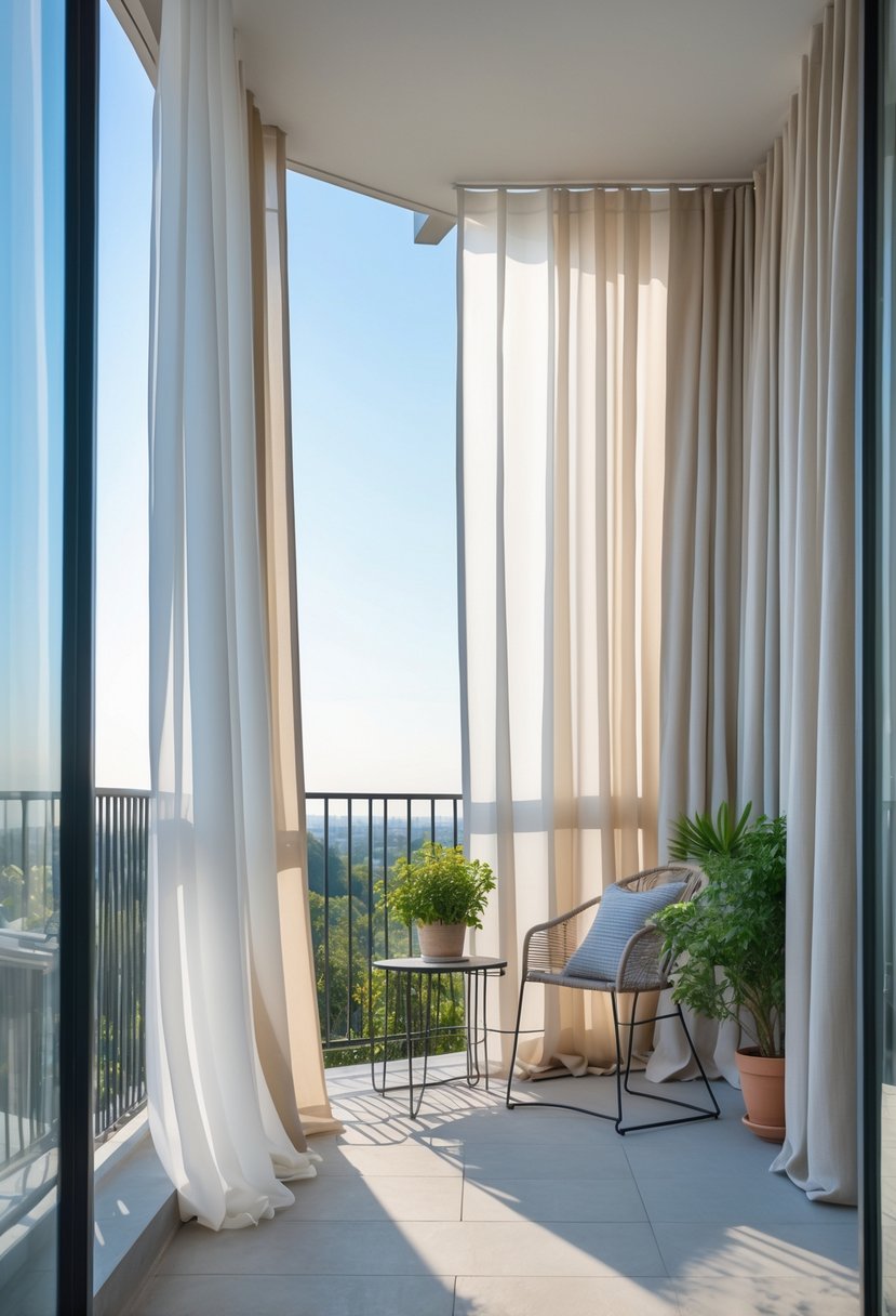 A balcony with layered sheer and opaque curtains, outdoor furniture, and potted plants under natural daylight.