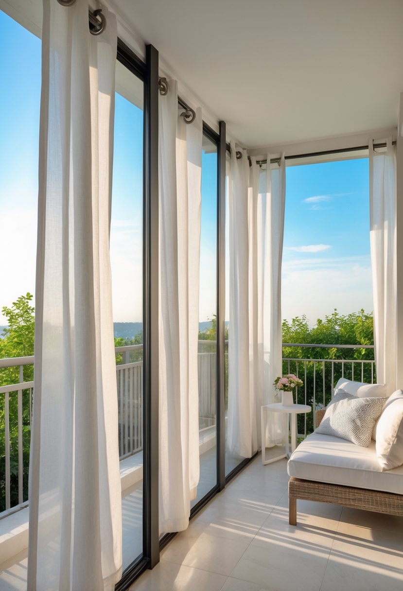 A balcony with light curtains hanging from metal grommets, partially open to show outdoor greenery and a seating area.