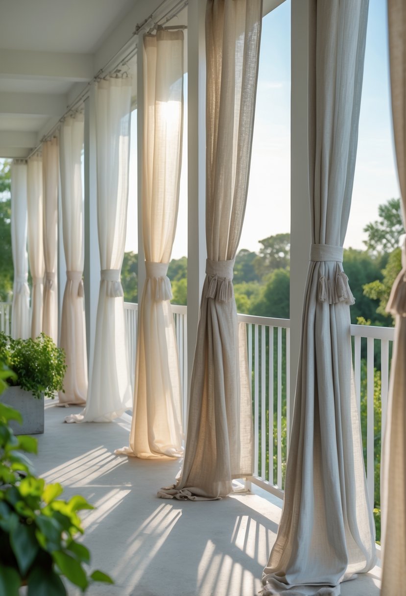 A variety of balcony curtains with weighted hems hanging on multiple balconies overlooking greenery in daylight.
