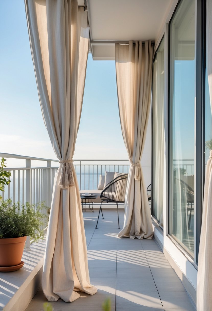 A balcony with curtains tied back to let in natural light, showing outdoor seating and plants.