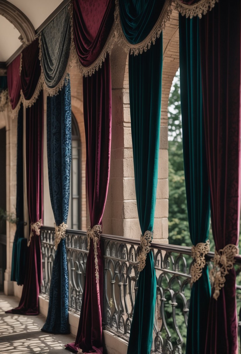 A collection of balconies with elegant, richly textured curtains in deep colors, set against historic stone and brick facades.