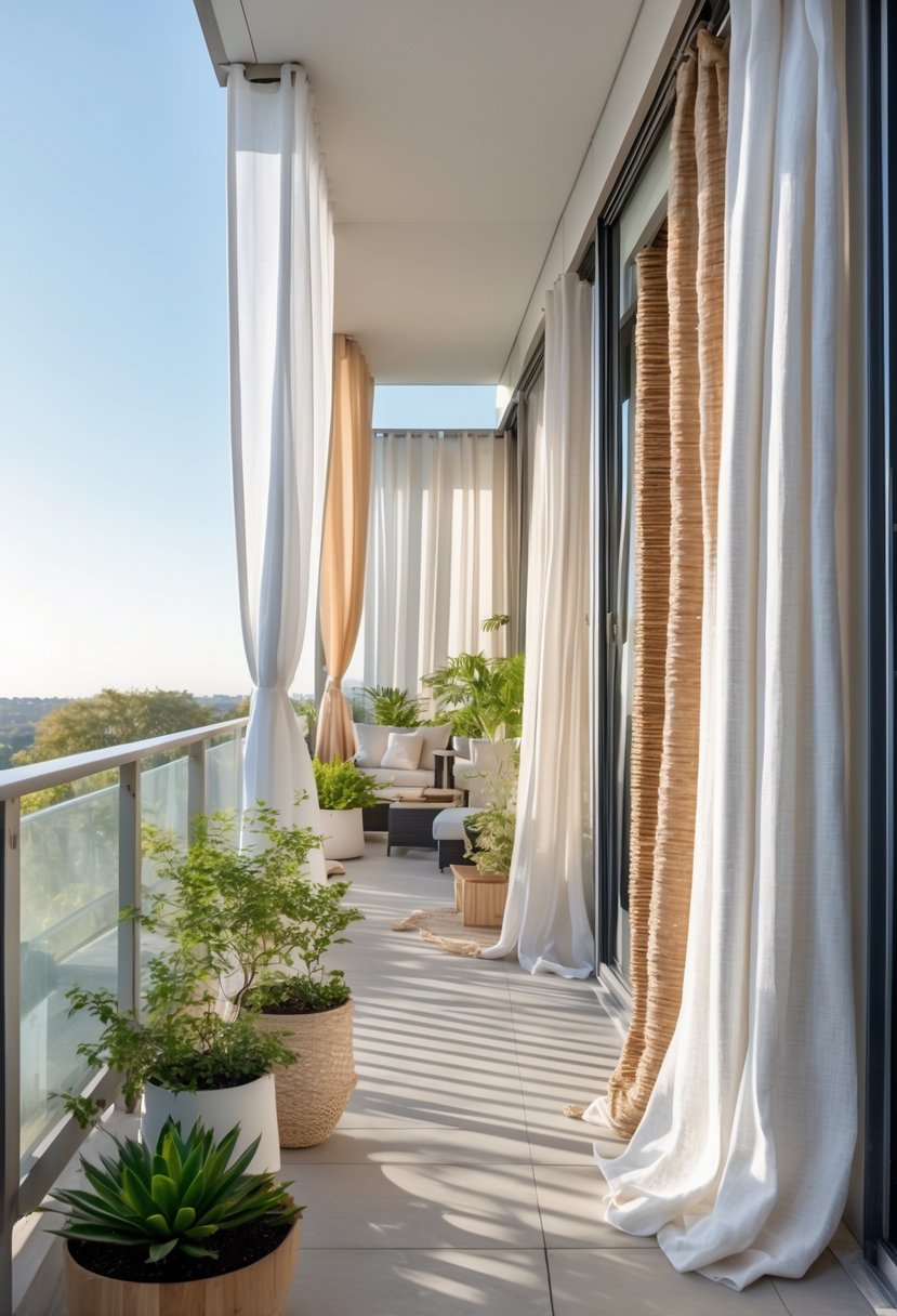 A balcony displaying fifteen different curtain styles with various fabrics and patterns, surrounded by plants and outdoor furniture.