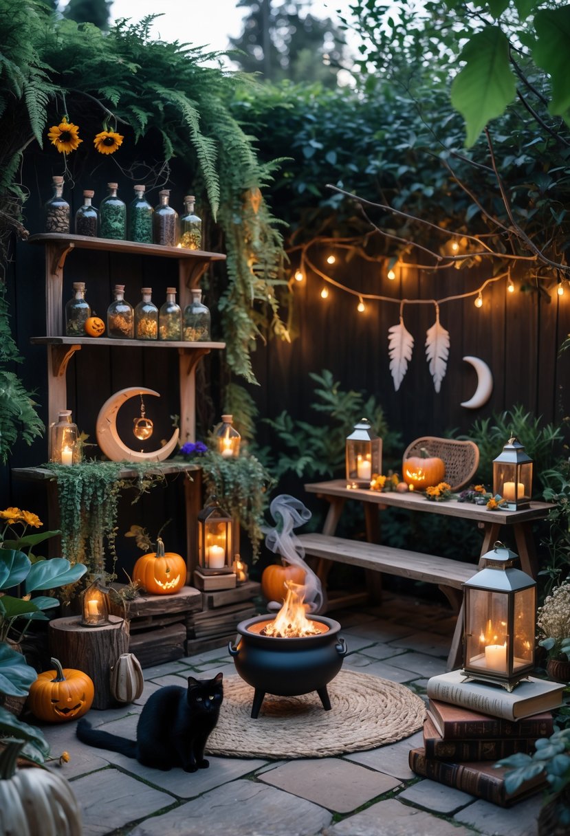 A backyard decorated with witchy items including hanging herbs, potion bottles, a cauldron, carved pumpkins, crystals, lanterns, a black cat, spell books, fairy lights, and natural greenery.