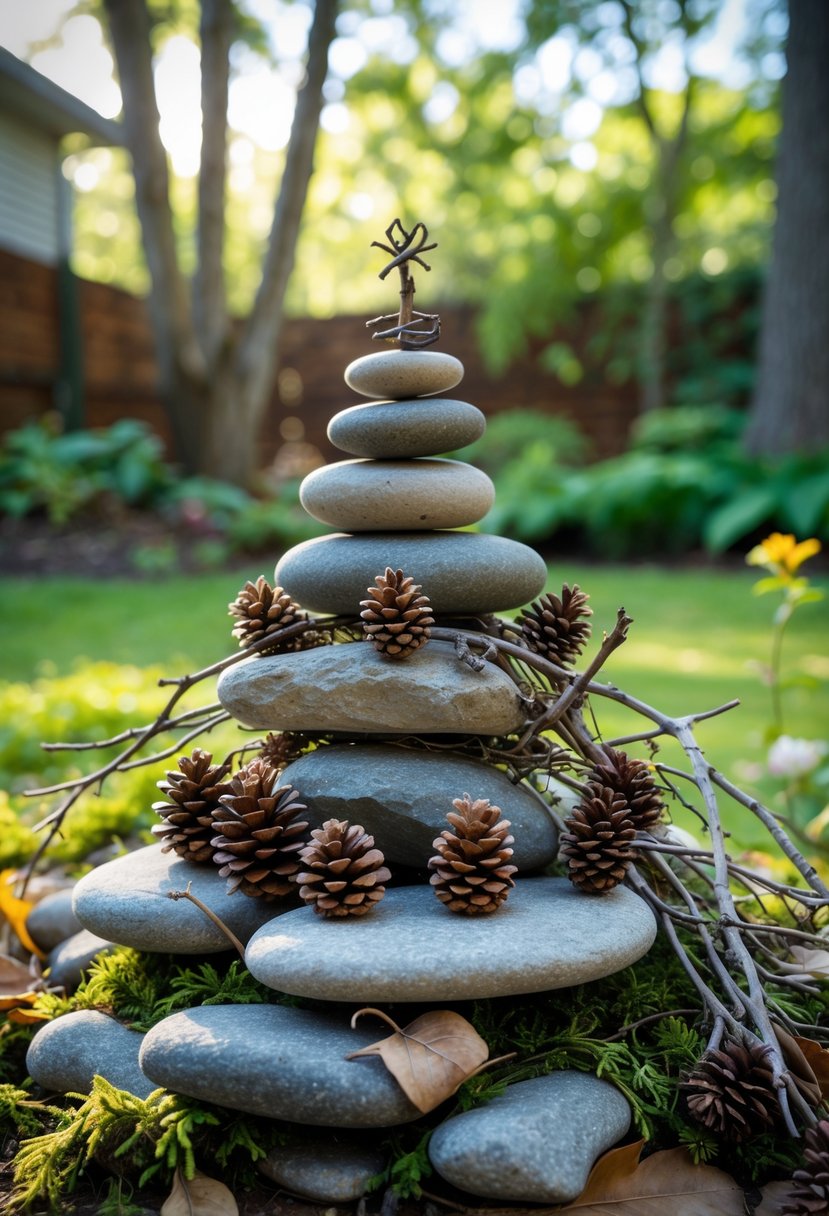 An outdoor altar made of stacked stones, pinecones, and branches set on moss and leaves in a green backyard.