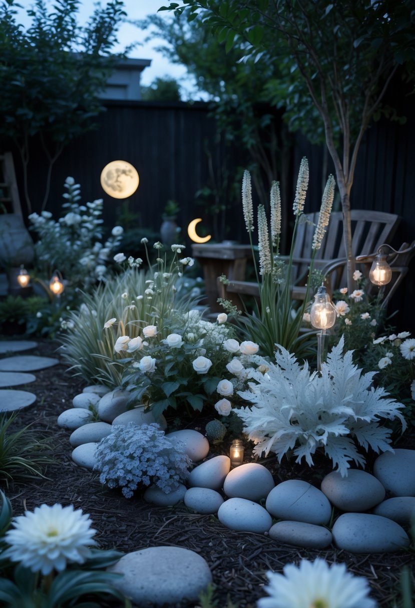 A backyard garden with white and silver flowers arranged among greenery, illuminated softly to evoke a moonlit, mystical atmosphere.