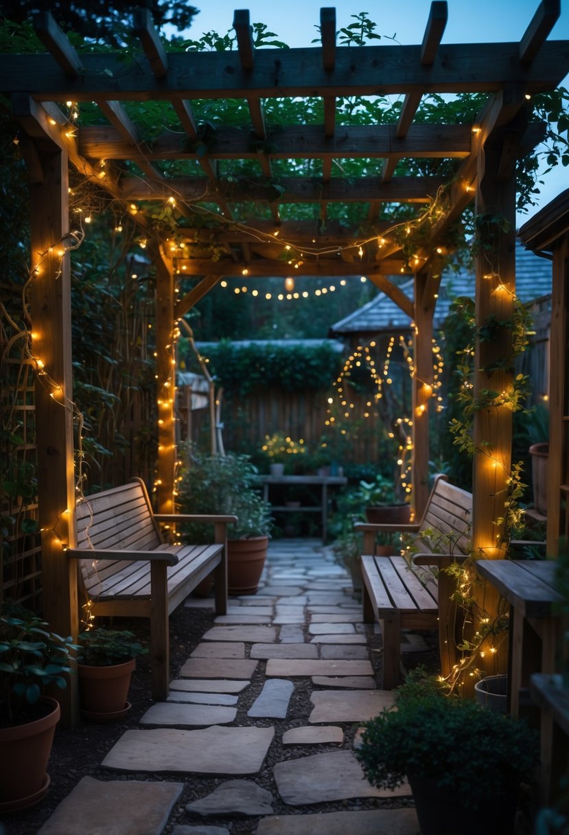 A backyard at twilight with fairy lights wrapped around vines, illuminating wooden benches and garden plants.