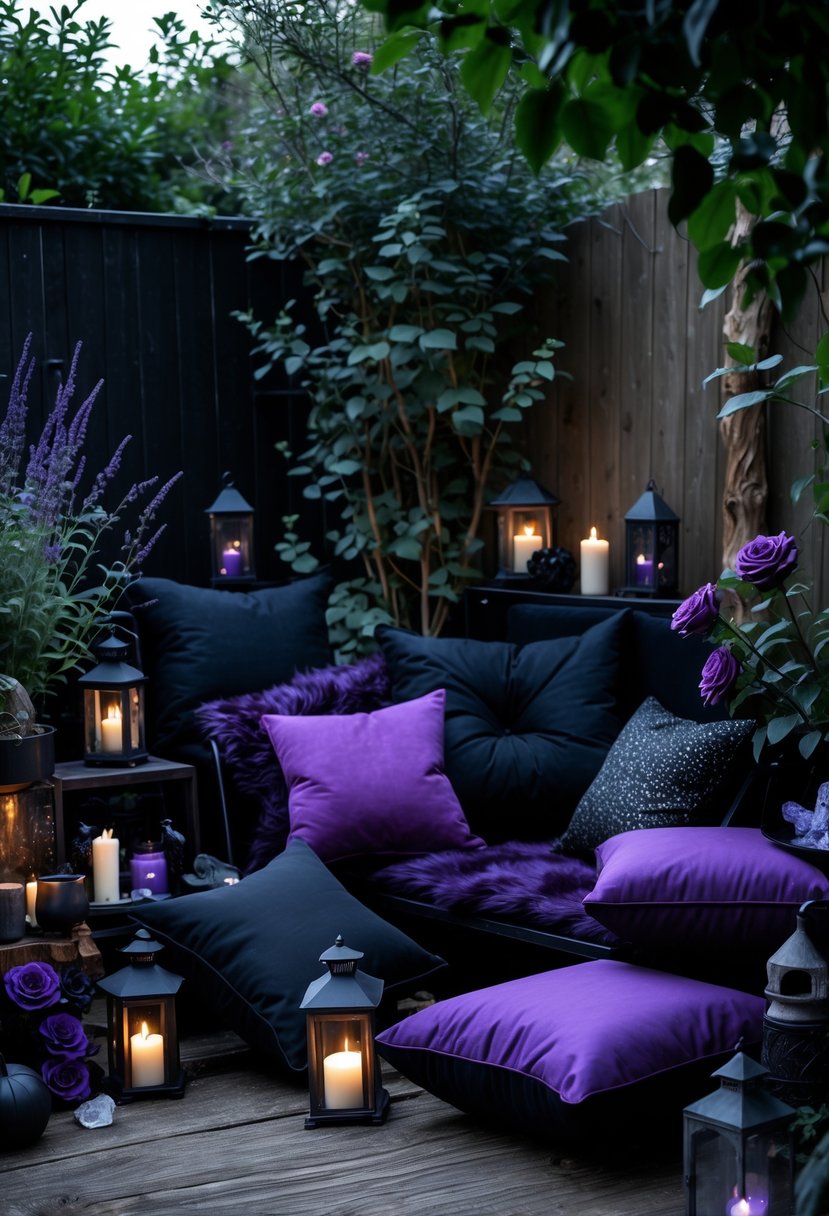Backyard seating area with black and deep purple cushions surrounded by plants and decorative items.