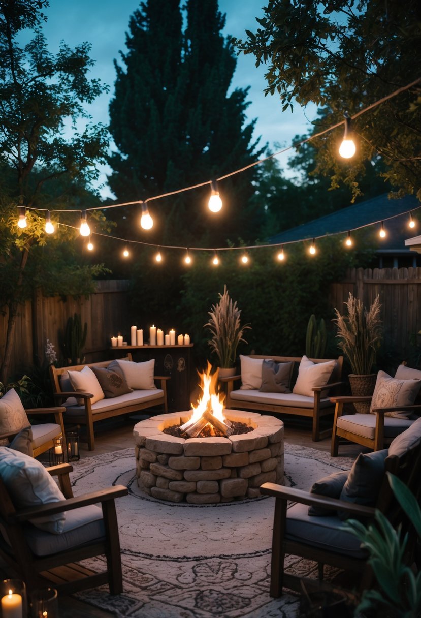 A backyard with a stone fire pit surrounded by wooden benches, greenery, hanging string lights, and candles, set up for a gathering.