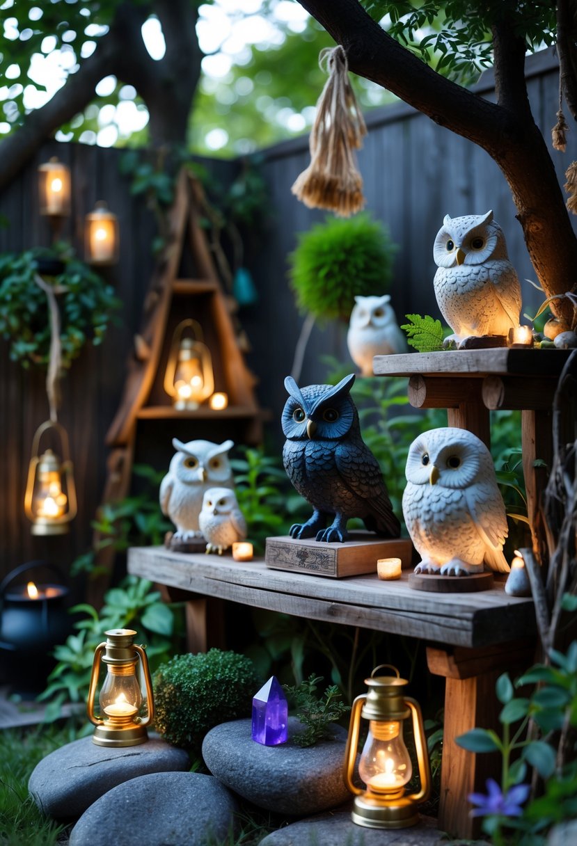 A backyard decorated with owl and raven figurines among plants and lanterns, creating a mystical outdoor scene.