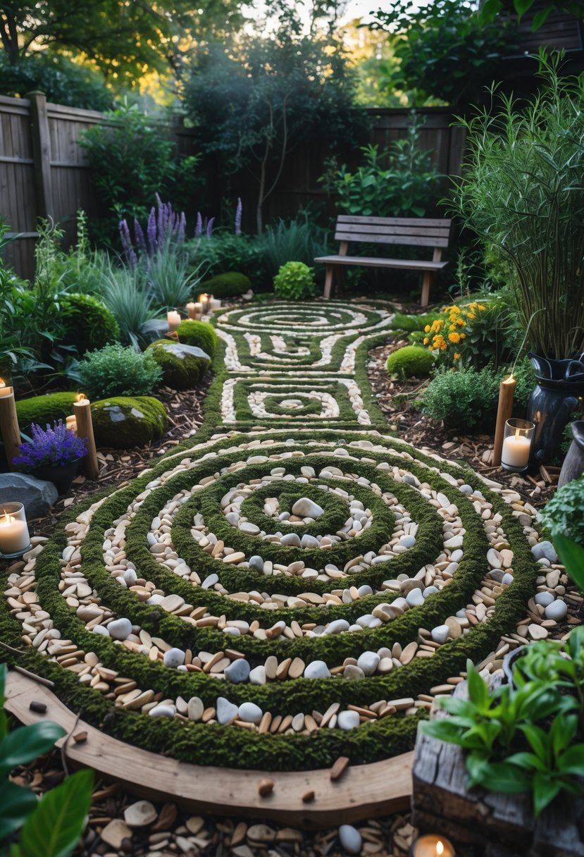 A backyard labyrinth path made from stones, wood chips, and moss surrounded by plants and small trees with candles and crystals nearby.