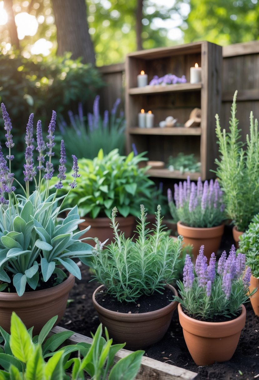 A backyard garden with pots and beds of sage, lavender, and rosemary plants surrounded by wooden shelves holding candles and crystals.