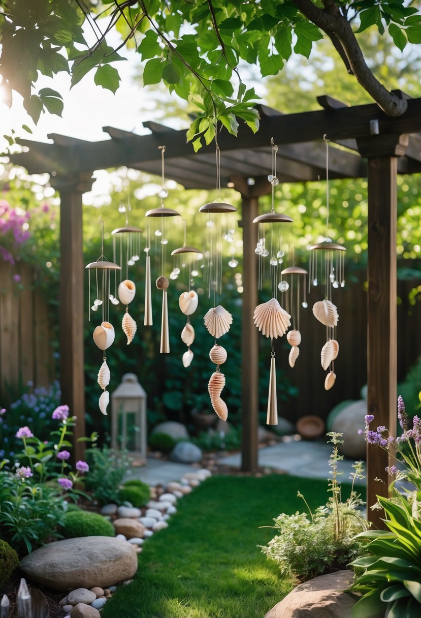 A backyard with hanging metal and seashell wind chimes among trees and plants, featuring natural decorations and soft sunlight.
