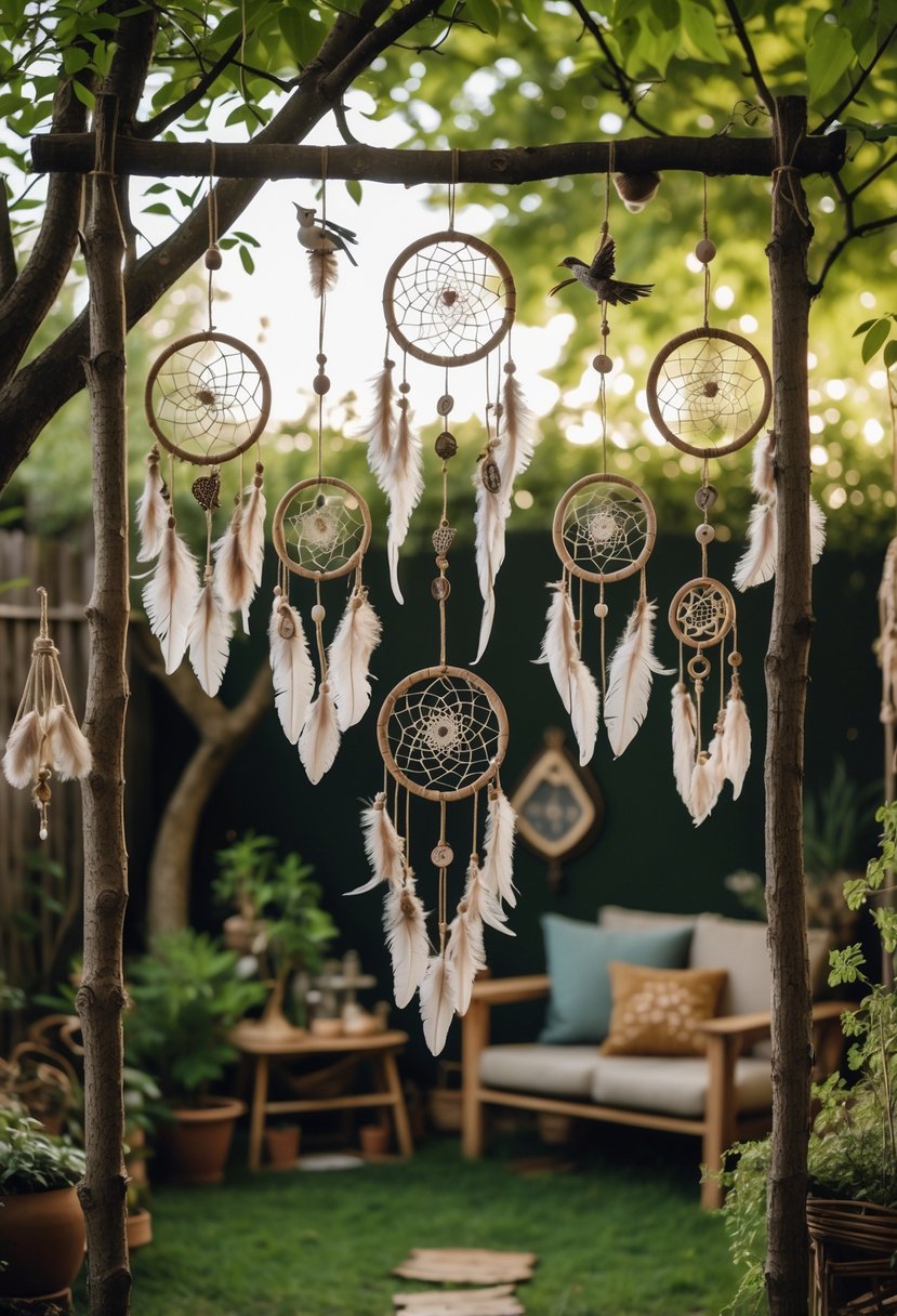Backyard with hanging dreamcatchers and talisman mobiles among trees and plants, creating a peaceful outdoor scene.