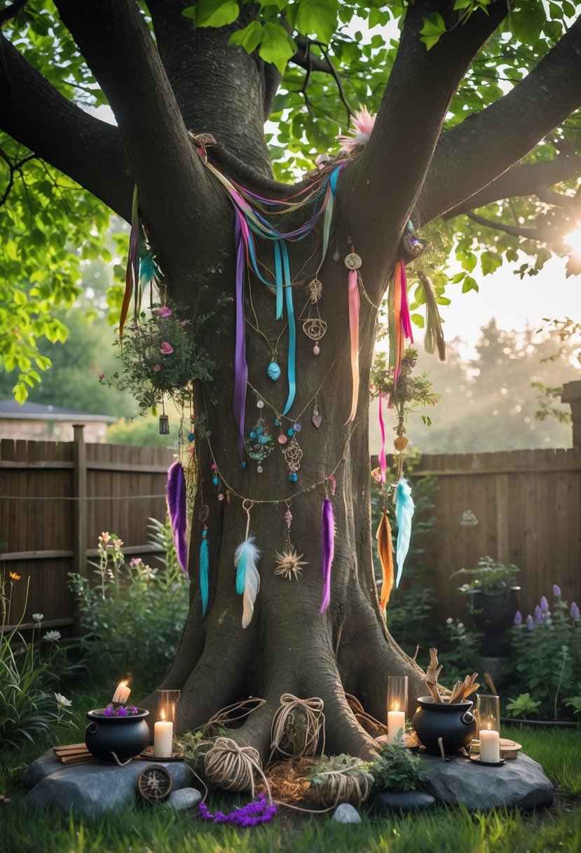 A large tree decorated with colorful ribbons and hanging charms in a backyard surrounded by plants and sunlight.