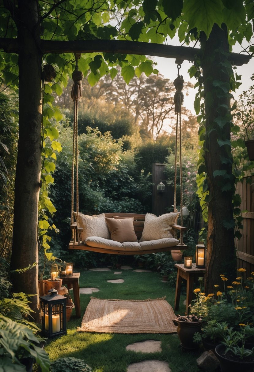 A backyard nook with a vintage swing or hammock surrounded by plants and trees.