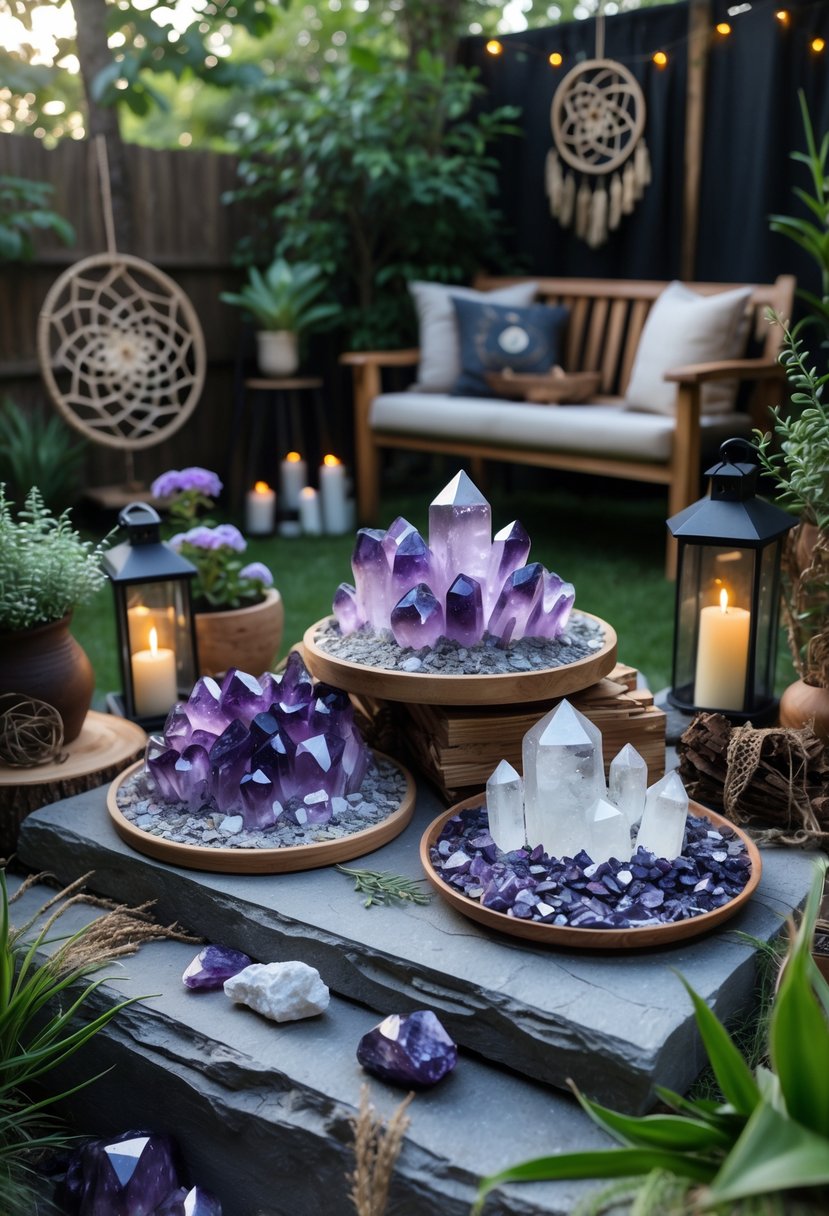 A backyard with plants, wooden furniture, and decorative amethyst and moonstone crystals arranged among candles and lanterns.