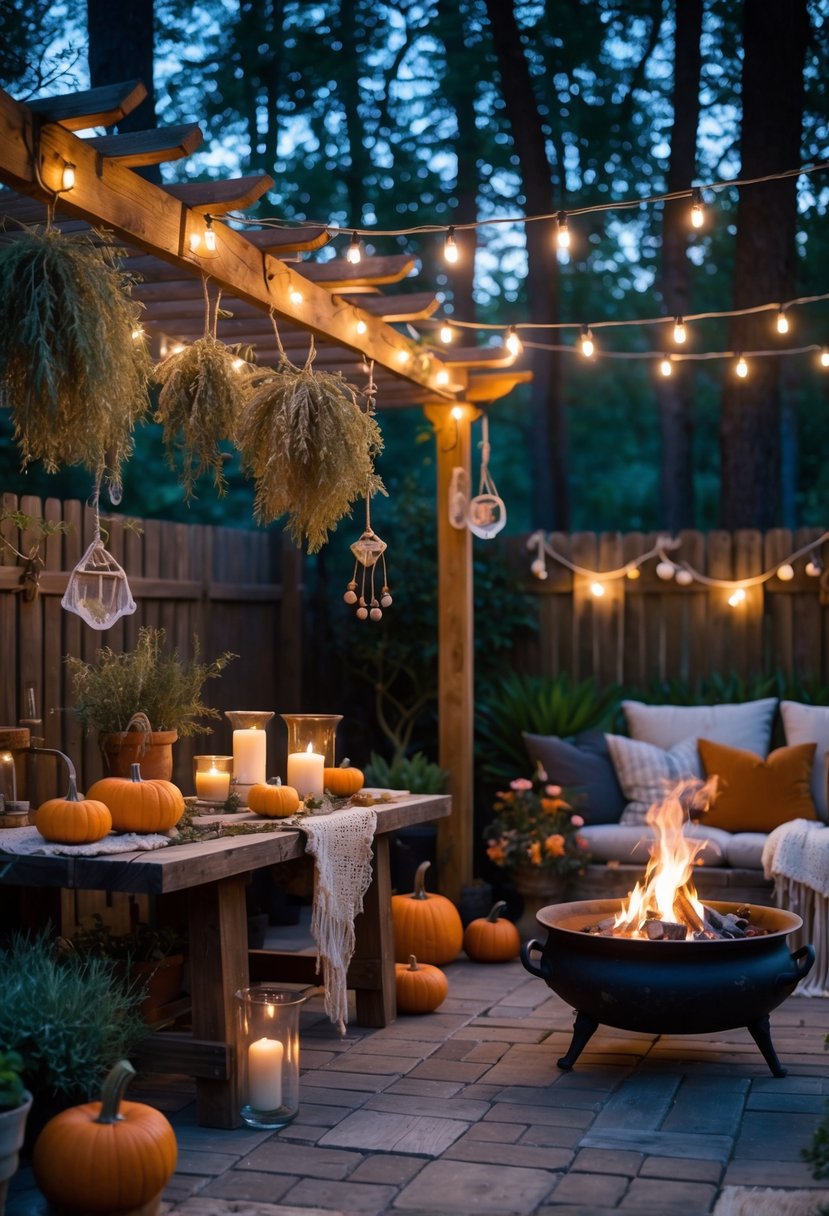 A cozy backyard at twilight with pumpkins, candles, crystals, hanging herbs, a cauldron near a fire pit, string lights, and lush plants.