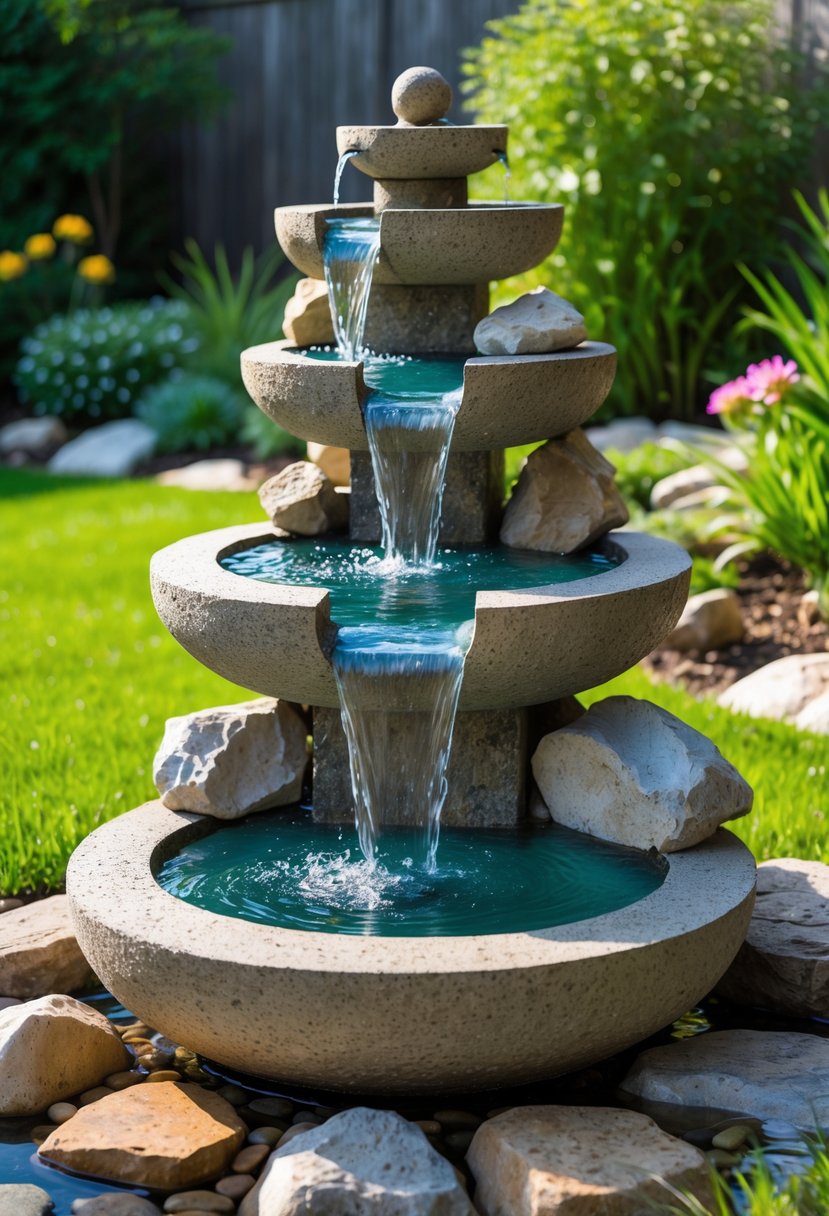 A tiered stone fountain with water flowing over natural rock accents in a green backyard garden.