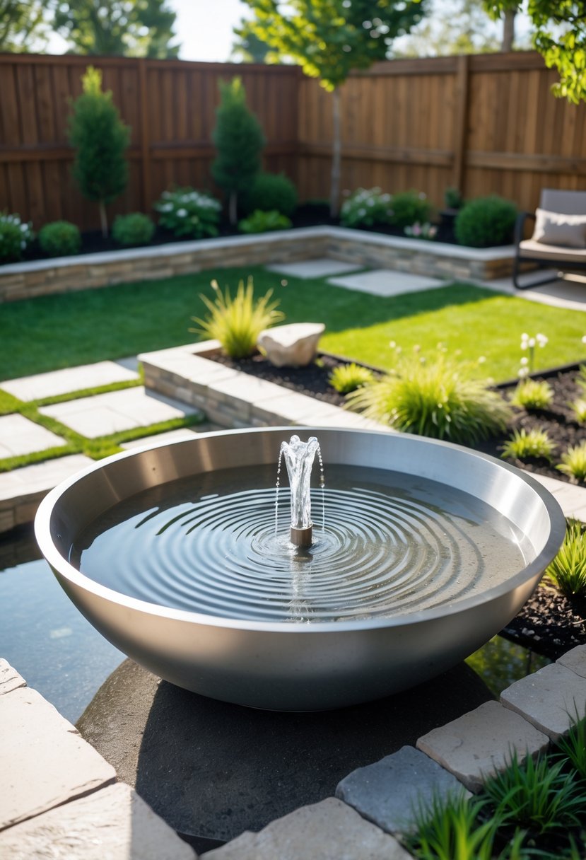 A metal bowl fountain with water flowing gently, set in a backyard garden with grass, plants, and a wooden fence.