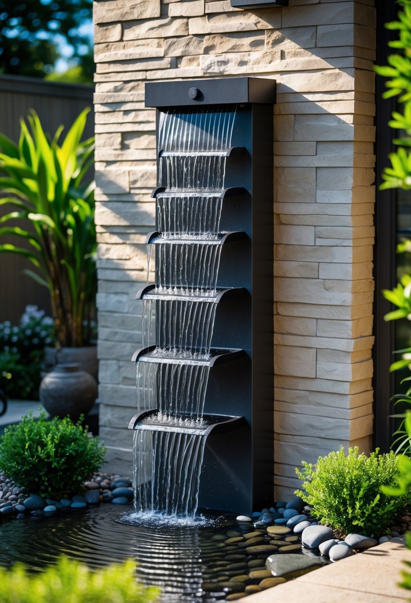 A solar-powered cascading wall fountain with water flowing down multiple tiers in a backyard garden surrounded by green plants and patio elements.