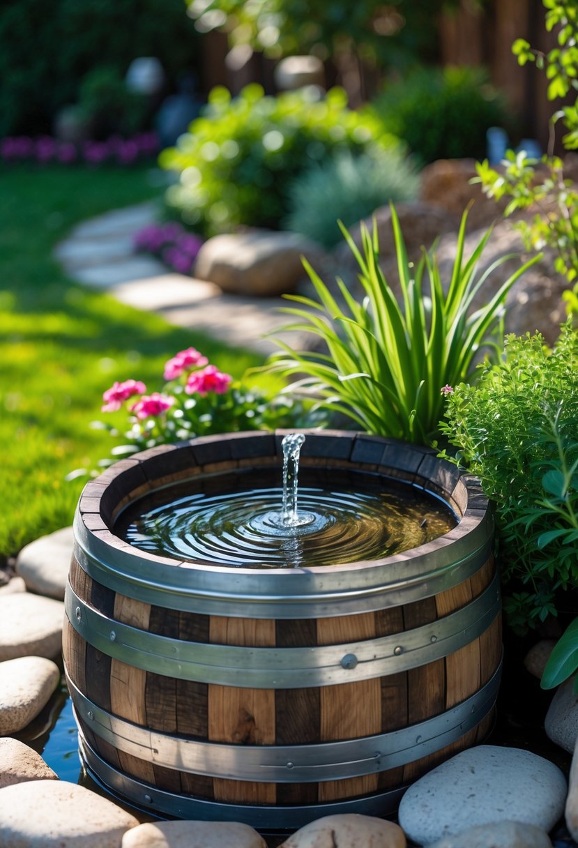 A backyard water fountain made from a recycled wine barrel surrounded by plants and stones with water flowing gently.